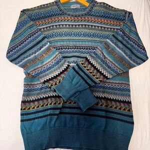 VTG KENZO PARIS Geometric Fair Isle Knit Sweater - Teal Blue Multi - Rare